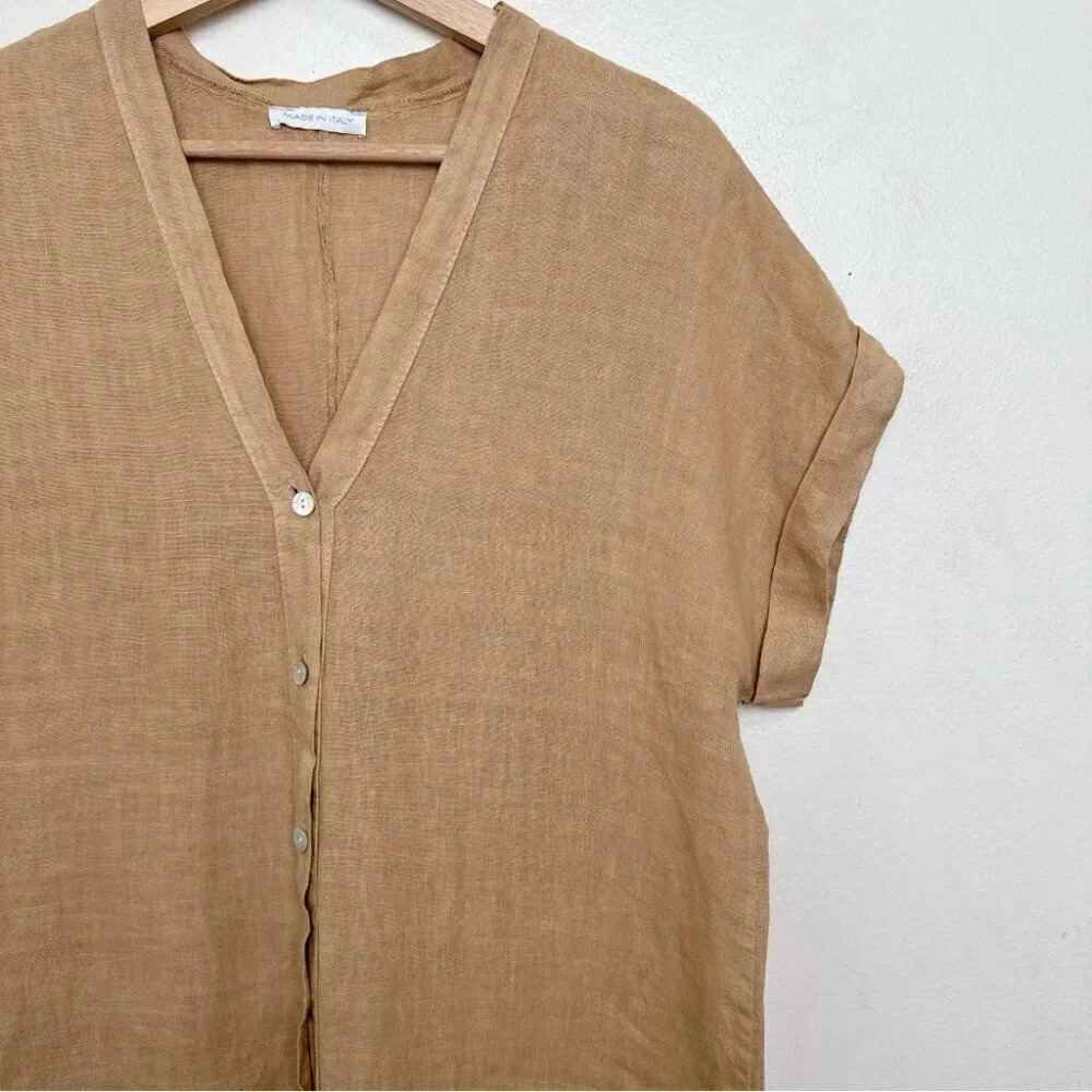 Made  In Italy Womens Medium Linen Vneck Button Tan Romper - Picture 6 of 13
